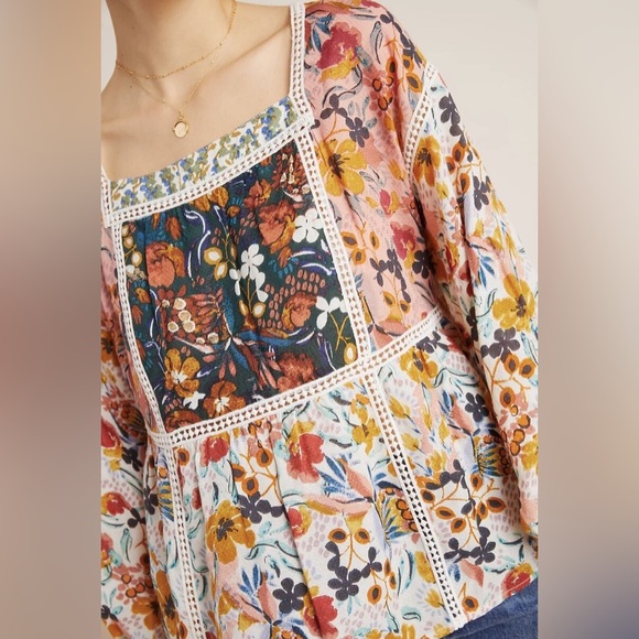 Anthropologie Maeve Nikki Peasant Blouse bohemian balloon sleeve crochet floral - Picture 13 of 15